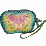 Designer Leather Wristlet Purse, Blue Butterfly and Flower Pattern
