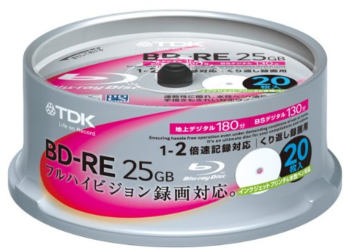 TDK 録画用ブルーレイディスク BD-RE 25GB 2倍速 ホワイトワイドプリンタブル 20枚スピンドル BEV25PWA20PK