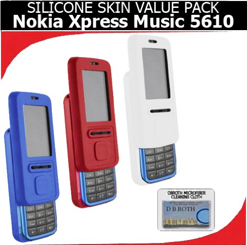 Silicone Skin 3 pc. Value Pack for your Nokia Xpress Music 5610 (Red - White - Blue) Bonus DBRoth Microfiber Cleaning Cloth Included Silicone Skin 3 pc. Value Pack for your Nokia Xpress Music 5610 (Red - White - Blue) Bonus DBRoth Microfiber Cleaning Cloth Included