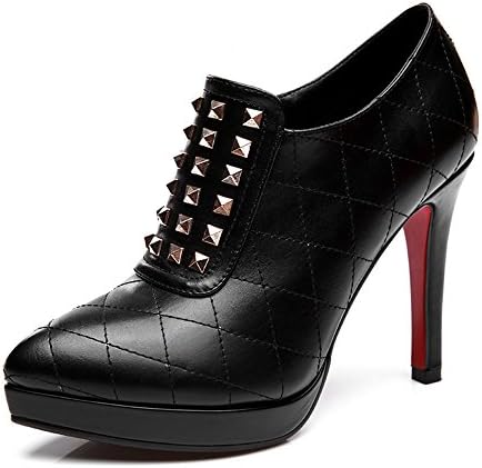 Dunhu Delicate Women's Leather Highheels with Check Pattern and Imbedded Studs