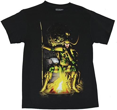 Thor (Marvel Comics) Mens T-Shirt - Throne Seated Cagey Loki Image (XX-Large) Black