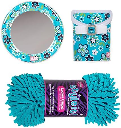 LockerLookz Blue Flower Mirror and Matching Bin, with 3C4G Shag Turquoise Locker Rug (Bundle of 3 Matching Locker Accessories)