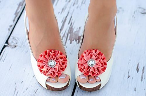 Coral Shoe Clips Wedding Bridal accessories Bridesmaid accessory Date Night attire Ruffle Flower Party silk clasp jewels crystal bling Samon