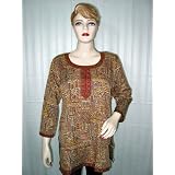 FREE SHIP Womens Ethnic Print Maroon Cream Crepe Top Kurta Shirt Kurti Blouse L