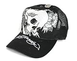 New Ed Hardy Skull & Roses Black Rhinestone Platinum Trucker Hat Cap / R1P0AJBD