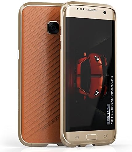 Uniqe Aluminum Metal Bumper [Metal Frame] with [PU Backing] Multi-layer Protective Case Cover for Samsung Galaxy S7 Edge (Gold)