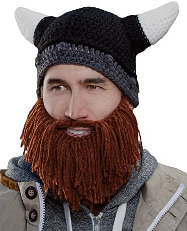 Heydubi Viking Beanie Hat Beard Mustache Knit Hat with Ox Horns (Brown)