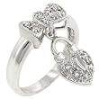 White Gold Rhodium Bonded Ribbon Bow of Pave Set CZ With Dangling Pave Heart Lock in Silver Tone in Sizes 5-10 with 1.3 Total Carat Weight