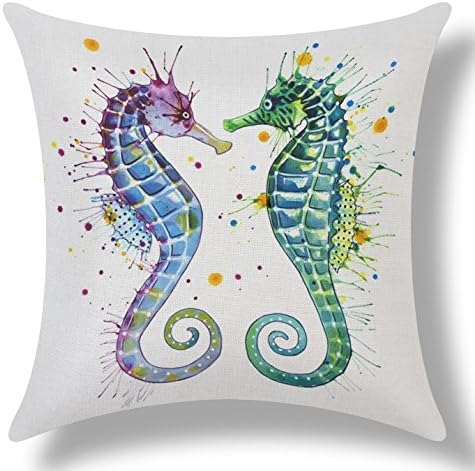 Cotton Linen Square Throw Pillow Case Decorative Cushion Cover Couple Sea Horse, 18 "X18 "