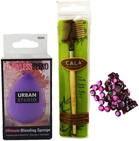 3 Bundle Item: 1 Unique Foundation Blender, 1 - Eyebrow Brush with Comb w/Wood Handle and 1 Pack of Rhynstone jewelry Fashion Stickers (Purple)