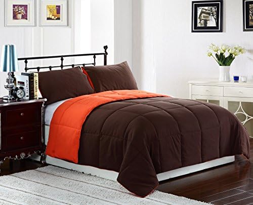 3 Piece Reversible Down Alternative Comforter Set Medium Weight, King/Cal King, Orange/Brown