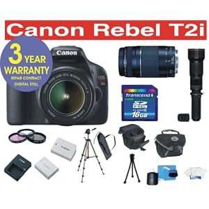 Canon EOS Rebel T2i EF-S 18 MP Digital Camera with Canon 18-55mm IS Lens + Canon 75-300mm Zoom Lens + High Capacity Li-Ion Battery + Rokinon 650-1300mm Telephoto Zoom Lens with 2x Converter (=1300-2600mm) + 16 GB Memory Card + 50