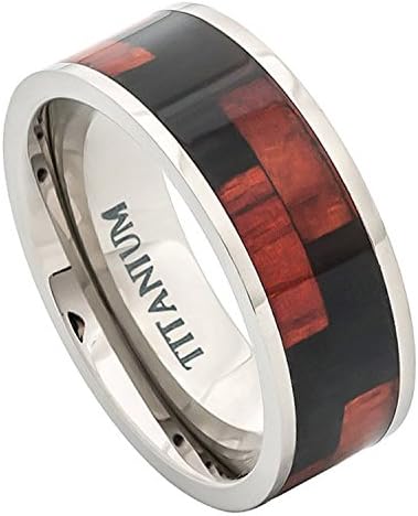 8MM Unisex Wedding Anniversary Band Titanium Ring Pipe Cut w/Blakkwood &amp; Hawaiian Koa Rosewood Z Pattern