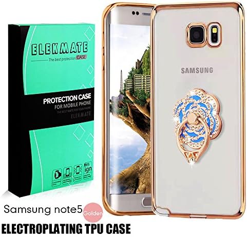 [Ring Buckles + Electroplate Frame TPU] Samsung Galaxy Note 5 Clear Case, ELEKMATE® Ultra Thin Slim Protective Back Cover Case for Galaxy Note 5 [CZ Diamond] (Gold+Blue Flower)
