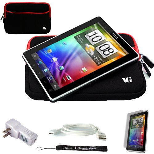 Red Trim - Black Slim Protective Soft Neoprene Cover Carrying Case Sleeve with Extra Pocket // Fits Anywhere// for HTC Flyer 3G WiFi HotSpot GPS 5MP 16GB Android OS AD2P 7 Inch Tablet Device + Includes a eBigValue (TM) Determination Hand Strap + Includes