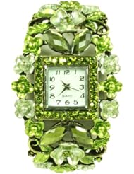Kate Marie Gorgeous Rhinestone Women Bracelet Watch in Goldtone Plate Stunning Green Floral Crystal Beads Design
