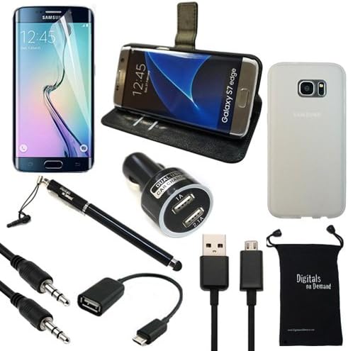 S7 Edge Case and Accessories, DigitalsOnDemand 9-Item Bundle for Samsung Galaxy S7 Edge - TPU Cover, Black Leather Case, Screen Protector, Stylus, USB 2.0 Cable, Car Charger, OTG, AUX, Travel Bag