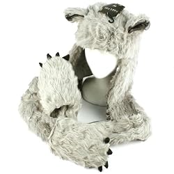 Winter Faux Fake Fuzzy Animal Fur Scarf Trapper Hat with Paws Gloves Mittens Gray