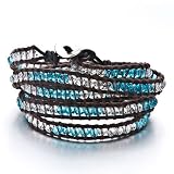 Pugster Sapphire-White Crystal Glass Wrap Bracelet On Brown Leather Chip Stone
