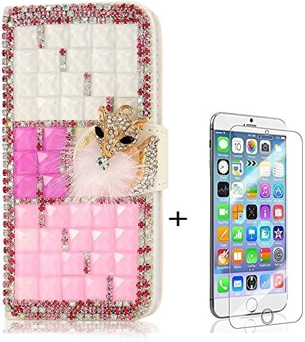 Iphone 6 Case,Iphone 4.7 Case - 3D Handmade Bling Crystal LOVE Heart Pendant Sparkle Glitter Rhinestone Diamond Flowers PU Leather Wallet Type with Magnetic Clasp Credit Card Holder Design Folio Case Cover for Iphone 6 Case,Iphone 4.7+ Screen Protector