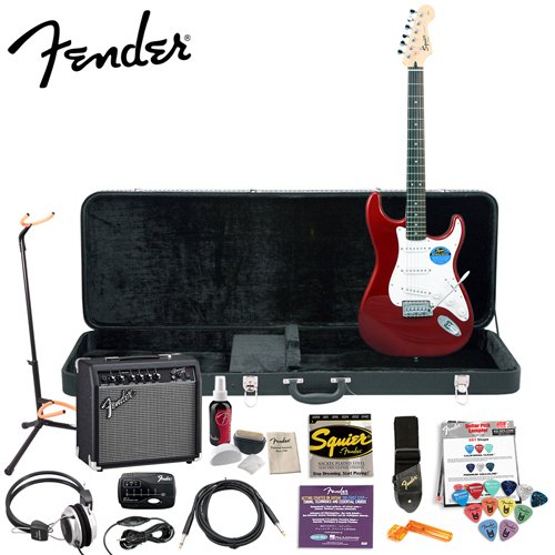 Fender Squier Affinity Special Metallic Red Strat Stop Dreaming Start Playing Set with Upgrade Pack - Upgrade Pack Includes Fender GO-DPS 12 Pack Pick Sampler Squier Strings Fender String Winder Ultra Stand Fender Polishing Kit Fender String Cleaner and M