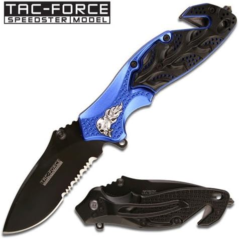 Tac-Force Speedster Flaming Skull Heavy Duty Spring Assist Rescue Knife - Black & Blue (Limited Edition)