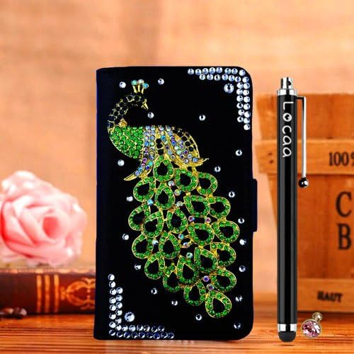 Locaa(TM) Samsung Galaxy Note 2 Note II N7100 Note2 3D Bling Peacock Case + Phone stylus + Anti-dust ear plug Deluxe Luxury Crystal Pearl Diamond Rhinestone eye-catching Beautiful Leather Retro Support bumper Cover Card Holder Wallet Cases [Peacock Series] Black case - Green peacock