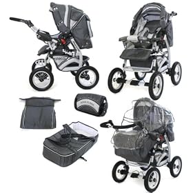 Tako Natalia in grey & silver - foldable 2 in 1 pram & pushchair /comes with raincover, footmuff, baby bag, carrycot