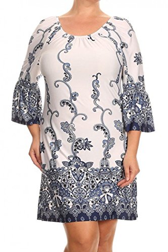 ColorMC Women's Plus Size Mandala print Bell Sleeve Convertible Neck Knit Dress