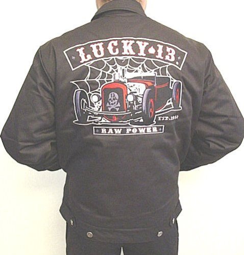 Click here to buy Lucky 13 Raw Power Black Lined Chino Jacket - Hot Rod Embroidered Jacket by Lucky 13.