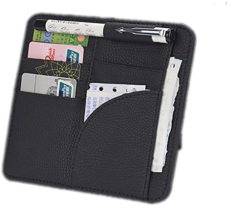 Black PU Leather Car Visor Organizer Credit Cards Pockets Pen Holder Litchi Chinensis Grain
