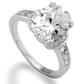 Sterling Silver Ring Oval Cut Cubic Zirconia CZ Solitaire Engagement Ring w/Side Stones - Ideal Gift For Anniversary, Engagement, Wedding, Birthday, Romantic For Her