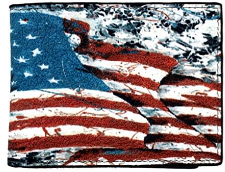 Men's Bi-fold Genuine Black Leather Wallet with American Flag Outside
