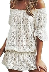 Spring Summer Winter Polyester/Spandex Checkered Print Lace Off the Shoulder Mini Dress 