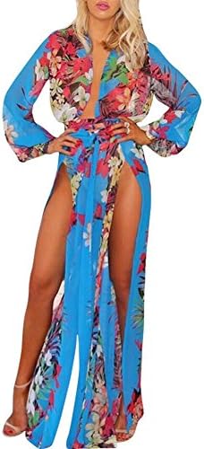 Honboo Women Chiffon Deep V Neck Maxi Dress Floral Split Beach Cover-up