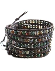 Chan Luu Stone Multi Fire Agate Natural Dark Brown Leather Wrap Bracelet BS-3069