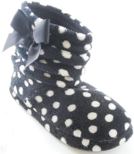 Womens/Ladies Polka Dot Boot Slippers With Bow Detail (9.5 US) (Black)