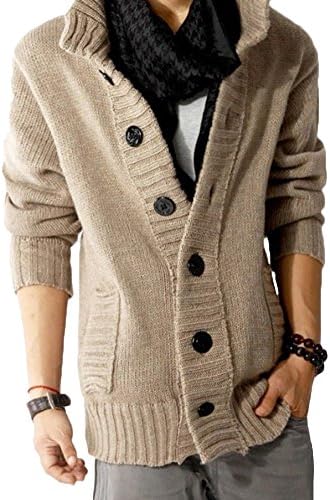 Men's Urban Button-up Collared w Pocket Knit Warm Sweater (XXL, Khaki)