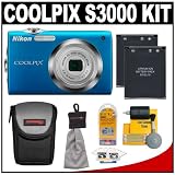 Nikon Coolpix S3000 12.0 Megapixel Digital Camera with 4x Optical Zoom (Blue) with + (2) EN-EL10 Batteries + Case + Accessory Kit