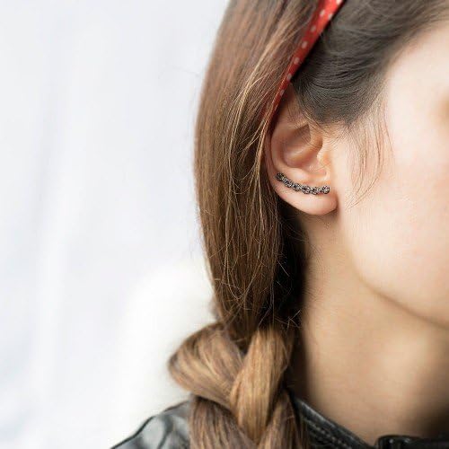 925 Sterling Silver Women Ear Cuff Ear Crawler Earrings Eternity with Black Cubic Zircon Stones