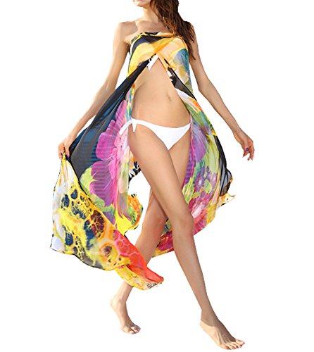 Womens Sexy Floral Pattern Chiffon Wrap Dress Beach Bikini Swimwear Cover-up (Yellow Floral)