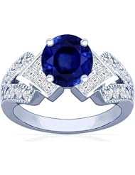 14K White Gold Round Cut Blue Sapphire Ring With Sidestones (GIA Certificate)