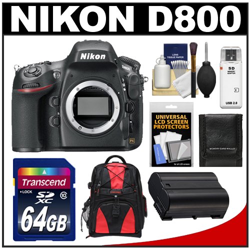  Nikon D800 Digital SLR Camera Body with 64GB Card + Backpack Case + Battery + Accessory Kit 