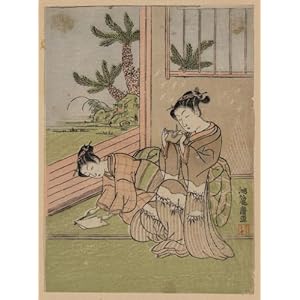 Canvas Print of historic Japanese Art: two young women folding paper to form cranes