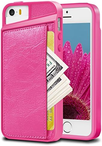 iPhone SE Case, WINNETEK Ultra Slim Faux Leather iPhone SE Wallet Case Debit Card Holder Shockproof Case Anti-Scratch Soft Rubber Bumper Protective Shell Carrying Cases for iPhone SE - Rose