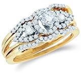 14k Yellow Gold Diamond Ladies Womens Bridal Engagement Ring with 2 Matching Wedding & Anniversary Band Three 3 Ring Set Solitaire Three 3 Stone Style Center Setting with Side Stones Channel Set Round Brilliant Cut Diamond Ring (1/2 cttw)