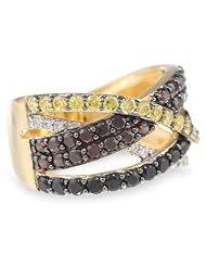 Sterling Silver with Gold Plated Yellow, Black and White Cubic Zirconia Criss Cross Ring