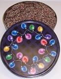 Scott's Cakes Mini Chocolate Covered Pretzels with Christmas Color Non-Pareils in a Christmas Lights Tin