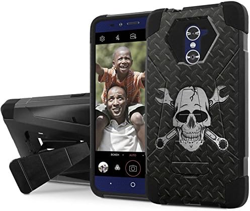 US Cellular [ZTE Imperial Max] Combat Case [NakedShield] [Black/Black] Armor ShockProof [Kickstand] Phone Case - [Black Diamond Plate Wrench Skull] for ZTE [Imperial Max / Z963U]