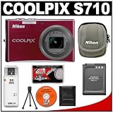 cheap Nikon Coolpix S710 14.5-Megapixel Digital Camera (Deep Red) with Optical VR Image Stabilization + EN-EL12 Battery + Carrying Case + Accessory Kit